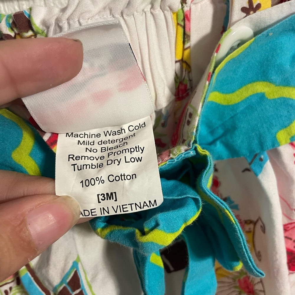 Natalie Grant White Ruffle Romper with Pink & Blue Playful Print 0-3 mo - Picture 4 of 5